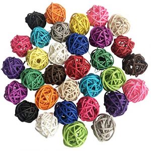 Benvo Rattan Balls 32 Pack 1.2 inch Wicker Ball Birds Quaker Parrot Parakeet Chewing Pet Bite Ball for Budgies Conures Hamsters Ball Orbs Crafts DIY Accessories Vase Fillers (Multi-Colored)