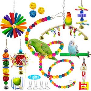 Duckiimo 8+3+4PCS Bird Parakeet Toys Swing Chewing Hanging Toy Set with Wooden Bells, Bird cage Colorful Climbing Rope Ladder Bungee Toy for Parakeets Cockatiels Budgies Lovebirds Accessories